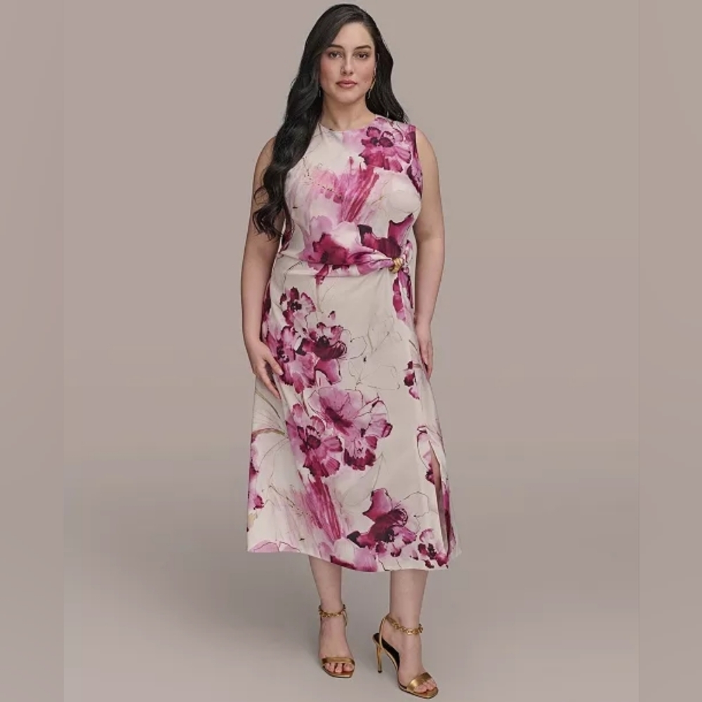 Women's Ribbed Knot Printed Midi A-Line Dress 18W